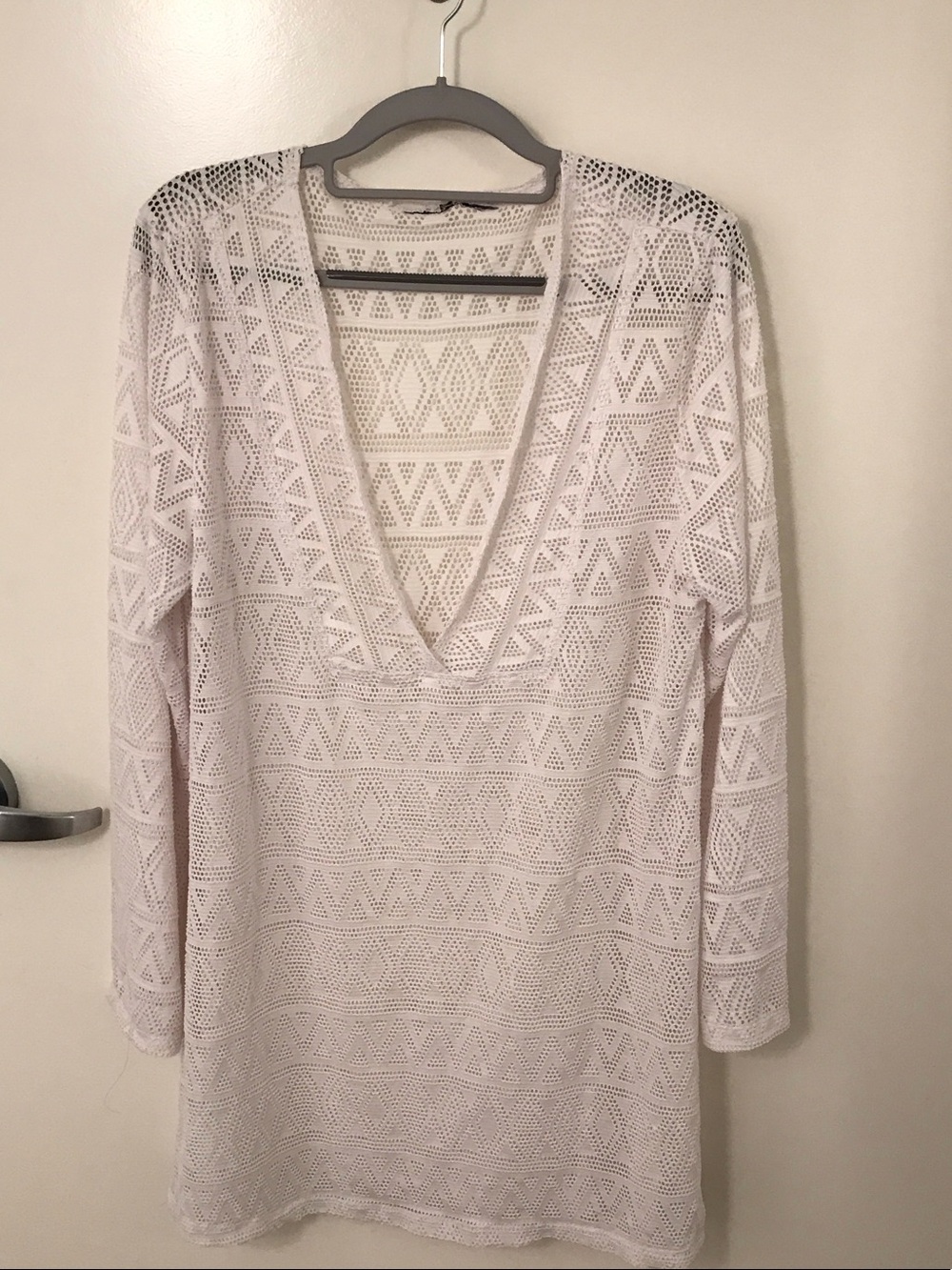 Sheer White Crochet V-Neck Swim Coverup Tunic